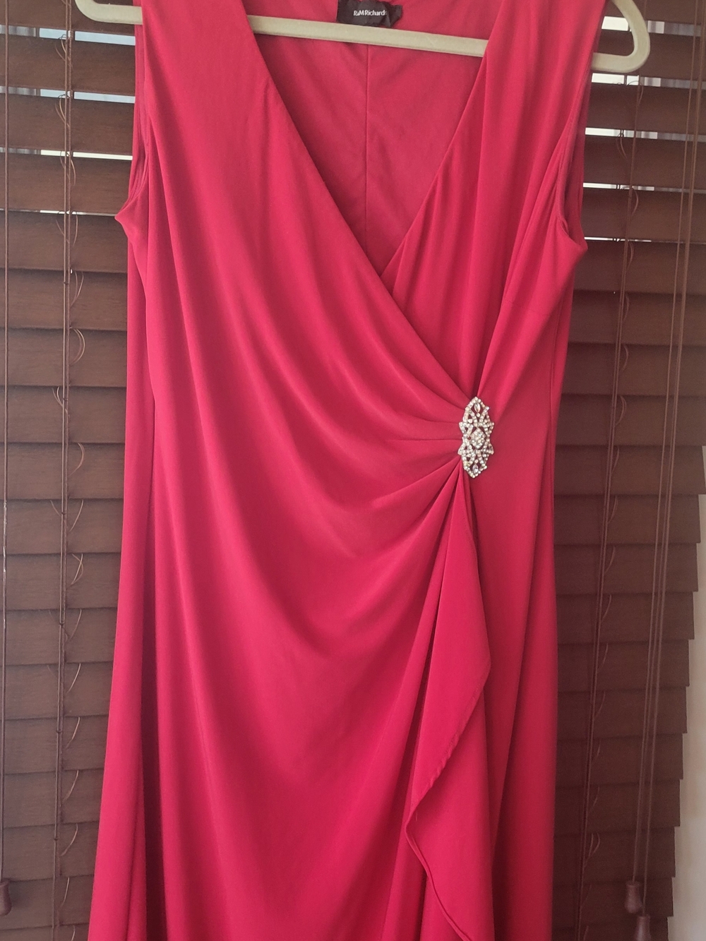 R&M Richards Red One-Shoulder Draped Evening Dress with Brooch
